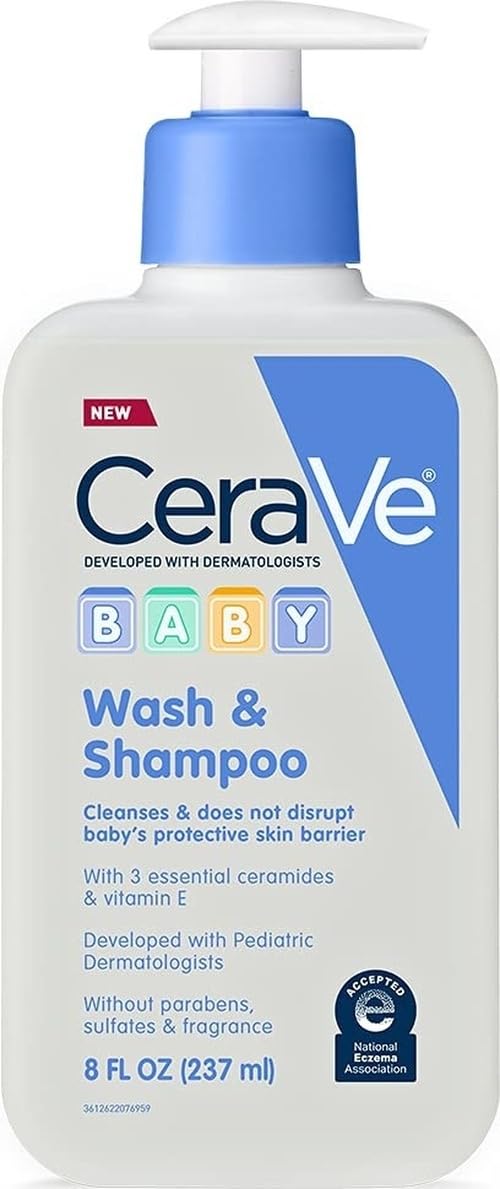 CeraVe Baby 2-in-1 Wash & Shampoo with Vitamin E for Hair & Skin. 8oz | Tear-Free Wash For Baby Hair and Skin with Vitamin E. Fragrance-Free. Paraben-Free. Dye-Free. Phthalates-Free. Sulfate-Free