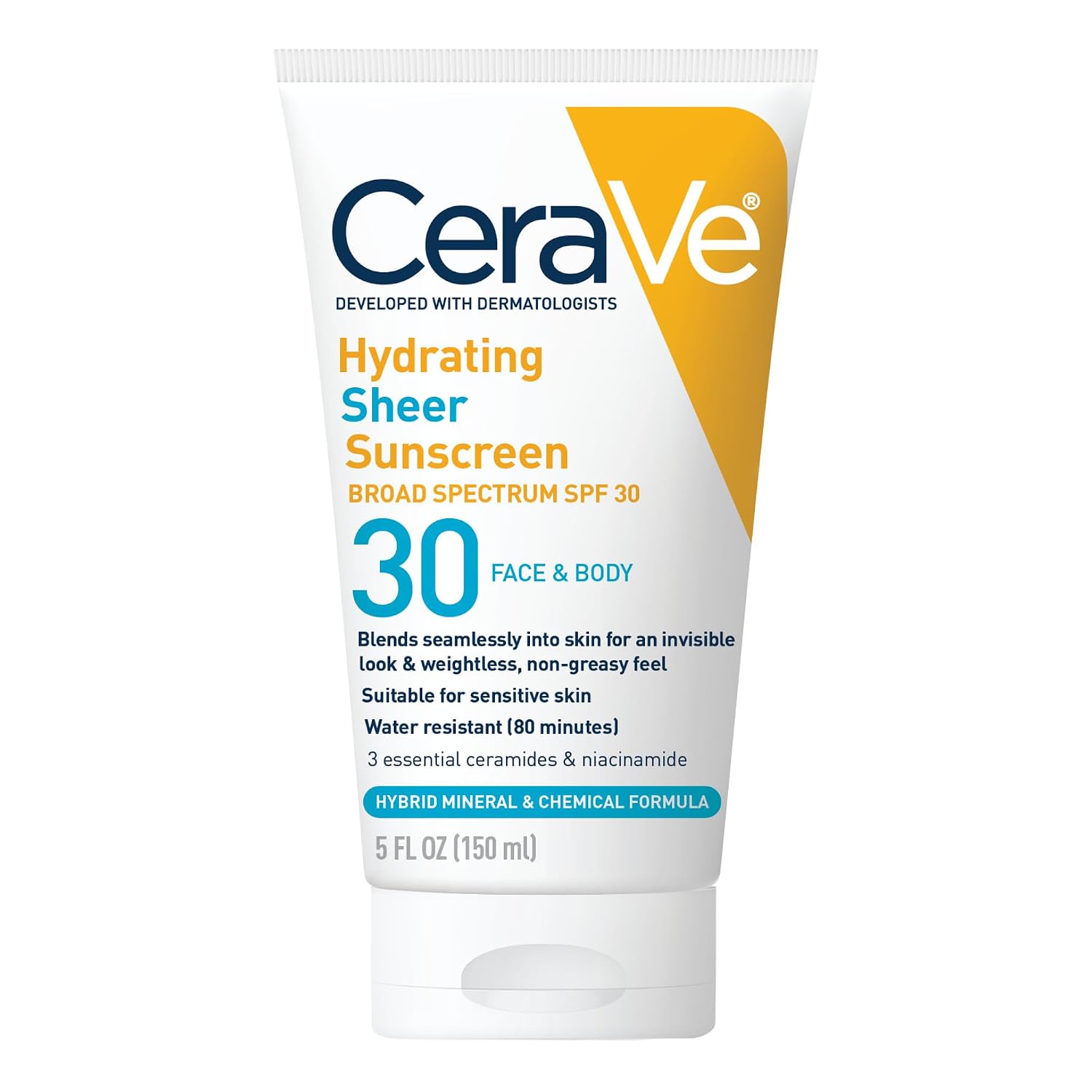 CeraVe Hydrating Sheer Sunscreen with SPF 30 for Face and Body.Mineral&Chemical Sunscreen for Men&Women with Zinc Oxide.Hyaluronic Acid and Ceramides.Paraben-Free + Fragrance-Free.5 Ounces.(Pack of 2)