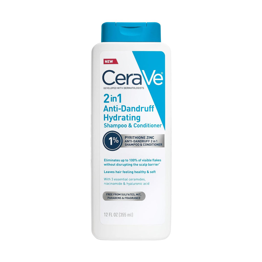 CeraVe 2 In 1 Hydrating Anti Dandruff Shampoo And Conditioner. 12 Fl Oz | 1% Pyrithione Zinc Dandruff Treatment Helps Eliminate Flakes and Relieve Itchy Scalp In A Sulfate-Free. Color-Safe Formula