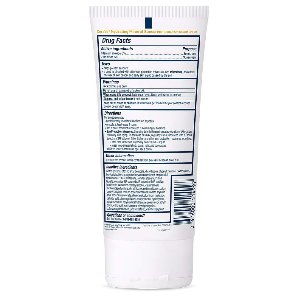 CeraVe 100% Mineral Sunscreen SPF 30 with Zinc Oxide & Titanium Dioxide.Hyaluronic Acid & Ceramides.Oil Free.Non-Greasy.Hydrating Mineral Sunscreen For Body.5 oz.(Pack of 2)