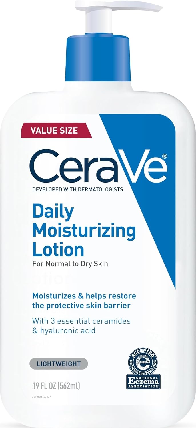 CeraVe Daily Moisturizing Lotion. Face and Body Lotion. Skin care. 19oz | Hyaluronic Acid. Lotion For Dry Skin. Skin Barrier Repair. Ceramide Moisturizer. For Men and Women. Fragrance Free. Oil-Free