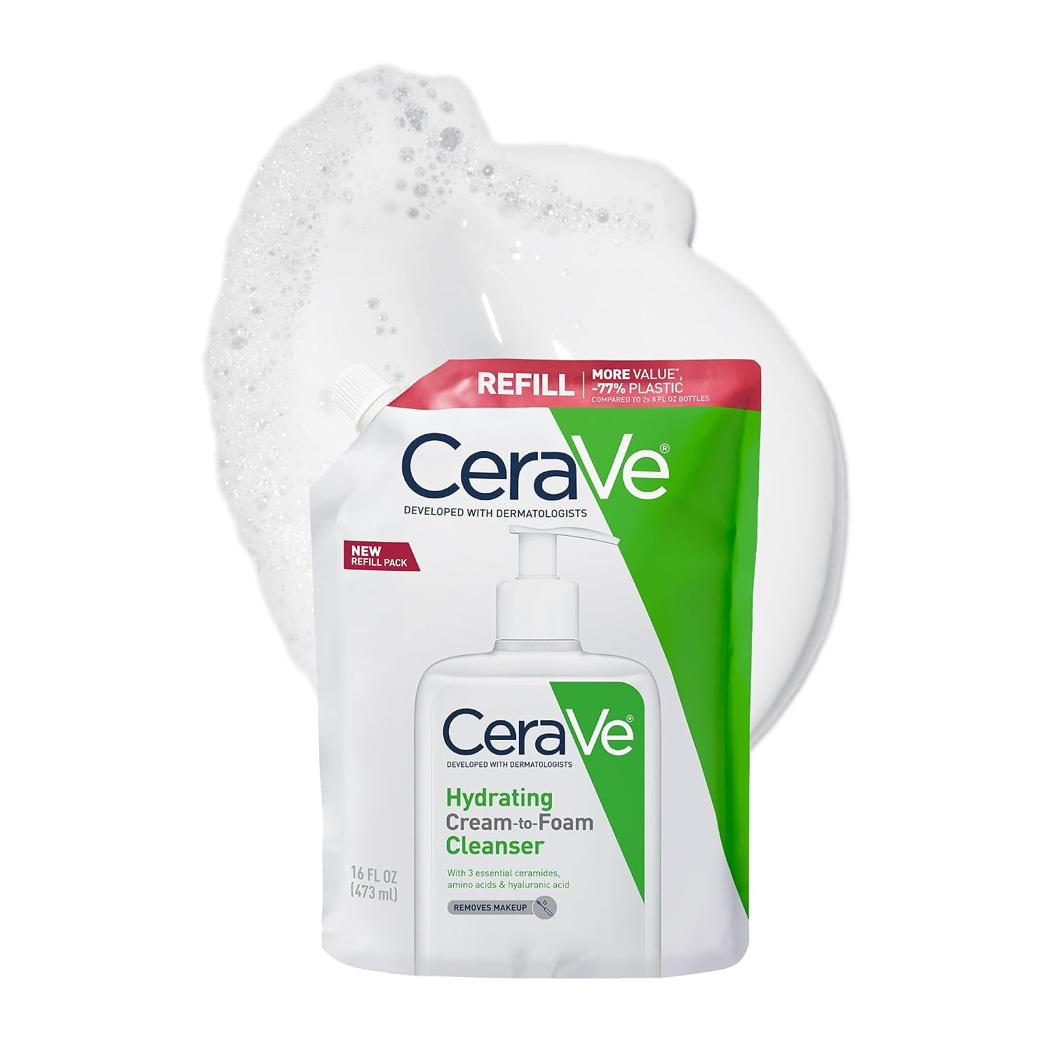 CeraVe Hydrating Cream To Foam Cleanser. Face Wash for Dry Skin.16oz Refill | Removes Makeup with Hyaluronic Acid In A Fragrance Free. Non-Comedogenic Formula For Normal To Dry Skin