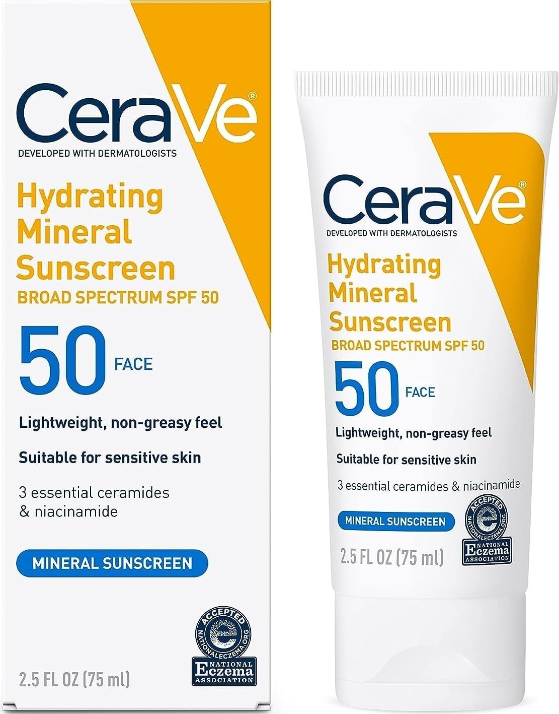 CeraVe Hydrating Mineral Sunscreen SPF 50 Face Sunscreen. Travel Size 2.5oz | Face Sunscreen with Zinc Oxide. Titanium Dioxide. Hyaluronic Acid. & Niacinamide For Broad Spectrum Protection