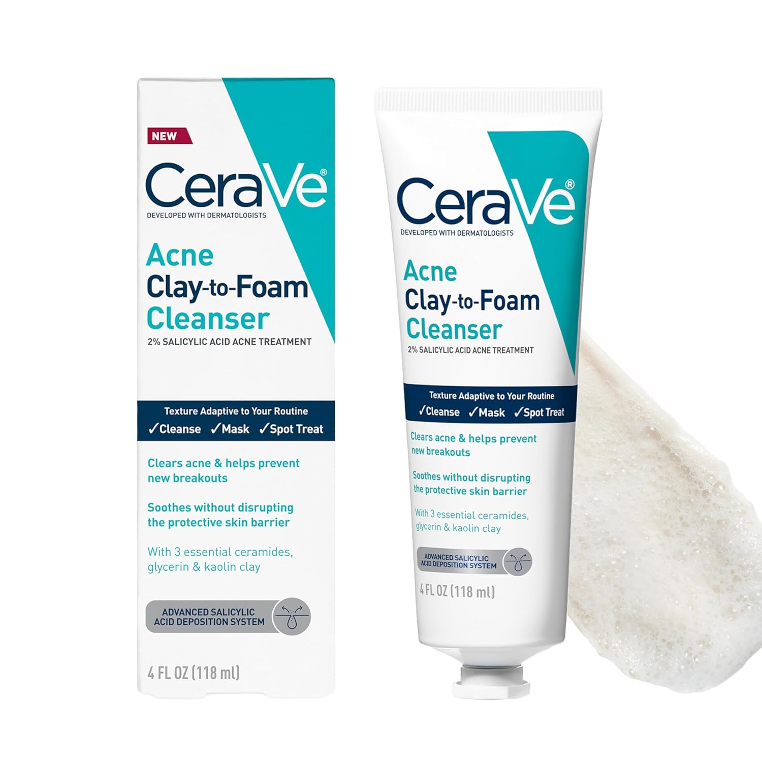 CeraVe Clay to Foam Acne Face Wash. Salicylic Acid Spot Treatment. 4 Oz | 3-In-1 Kaolin Clay Mask and Foaming Facial Cleanser with Glycerin and Ceramides Acts As a Blackhead Remover To Clear Acne