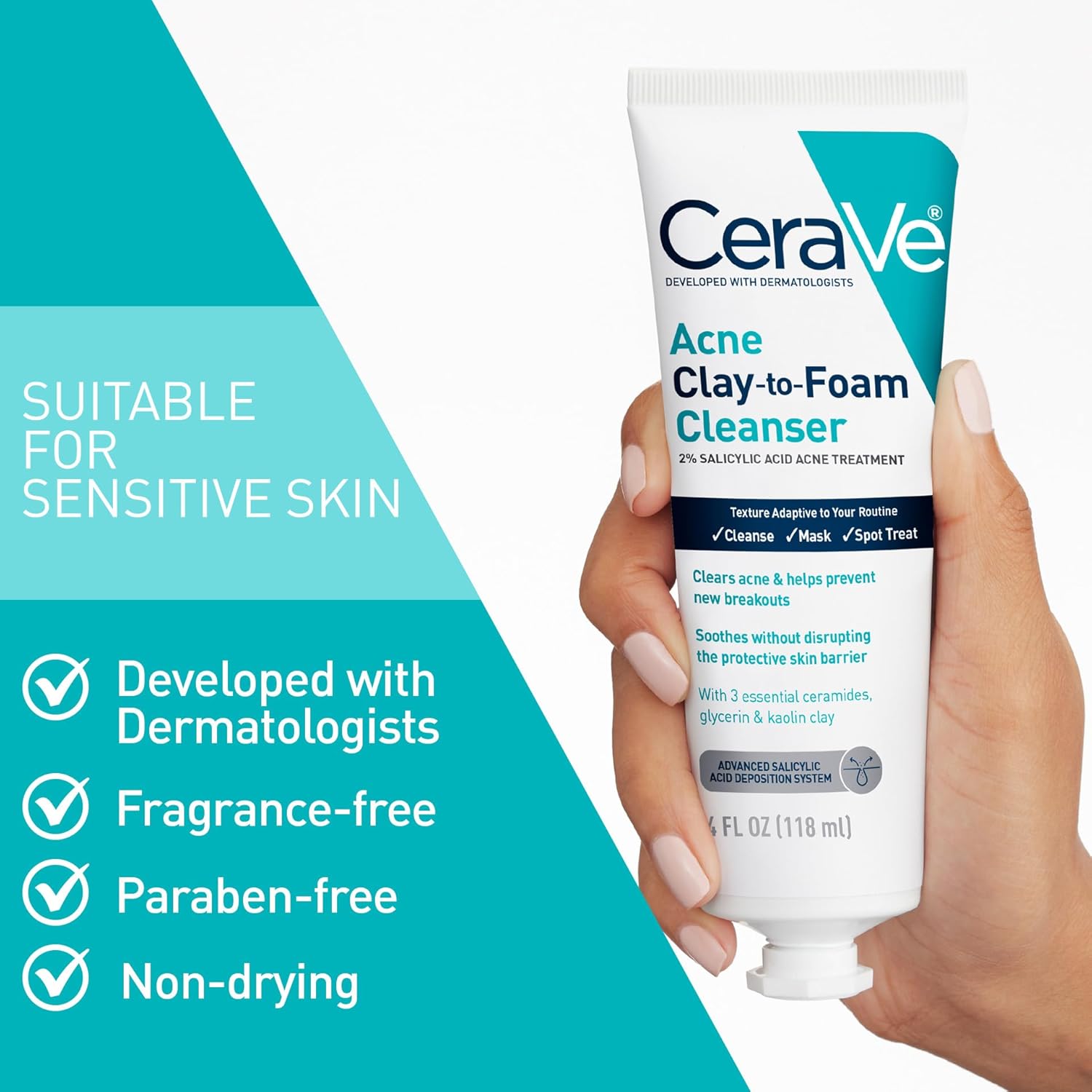 CeraVe Clay to Foam Acne Face Wash. Salicylic Acid Spot Treatment. 4 Oz | 3-In-1 Kaolin Clay Mask and Foaming Facial Cleanser with Glycerin and Ceramides Acts As a Blackhead Remover To Clear Acne