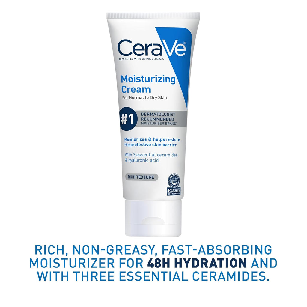 CeraVe Moisturizing Cream. Face Body Moisturizer. Normal to Dry Skin. 8 Fl Oz | Hyaluronic Acid For Instant Hydration. Skin Barrier Repair. Ceramide Moisturizer. Fragrance Free. Non-Comedogenic. Daily Use