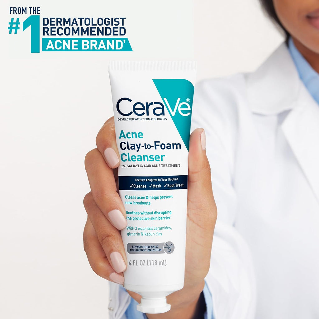 CeraVe Clay to Foam Acne Face Wash. Salicylic Acid Spot Treatment. 4 Oz | 3-In-1 Kaolin Clay Mask and Foaming Facial Cleanser with Glycerin and Ceramides Acts As a Blackhead Remover To Clear Acne