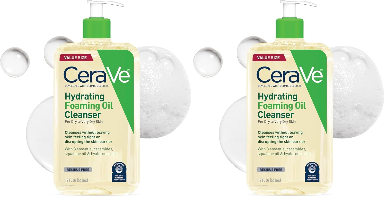 CeraVe Hydrating Foaming Oil Facial Cleanser with Hyaluronic Acid. 19oz | Squalane Face & Body Wash with Double-Cleansing Efficacy Removes Makeup without Residue. For Dry To Very Dry Skin