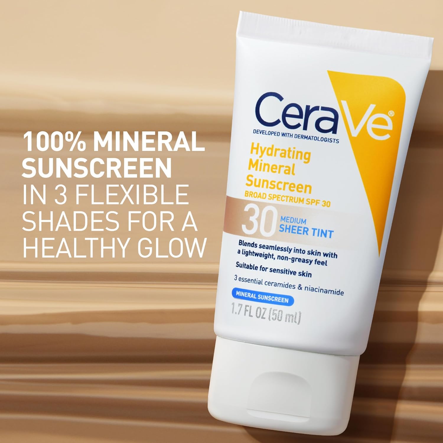 CeraVe Hydrating Mineral Sunscreen SPF 30 with Sheer Tint.Tinted Mineral Sunscreen with Zinc Oxide & Titanium Dioxide.Blends Seamlessly For Healthy Glow.Deep.1.7 Oz.(Pack of 2)