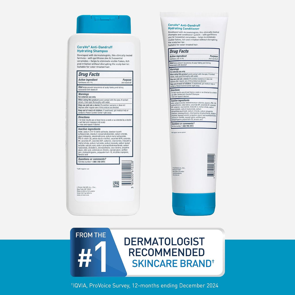 CeraVe Hydrating Anti Dandruff Shampoo and Conditioner Set. Pyrithione Zinc Dandruff Treatment With Ceramides. Hyaluronic Acid & Niacinamide. Helps Elimanate Flakes & Reduce Itchy Scalp