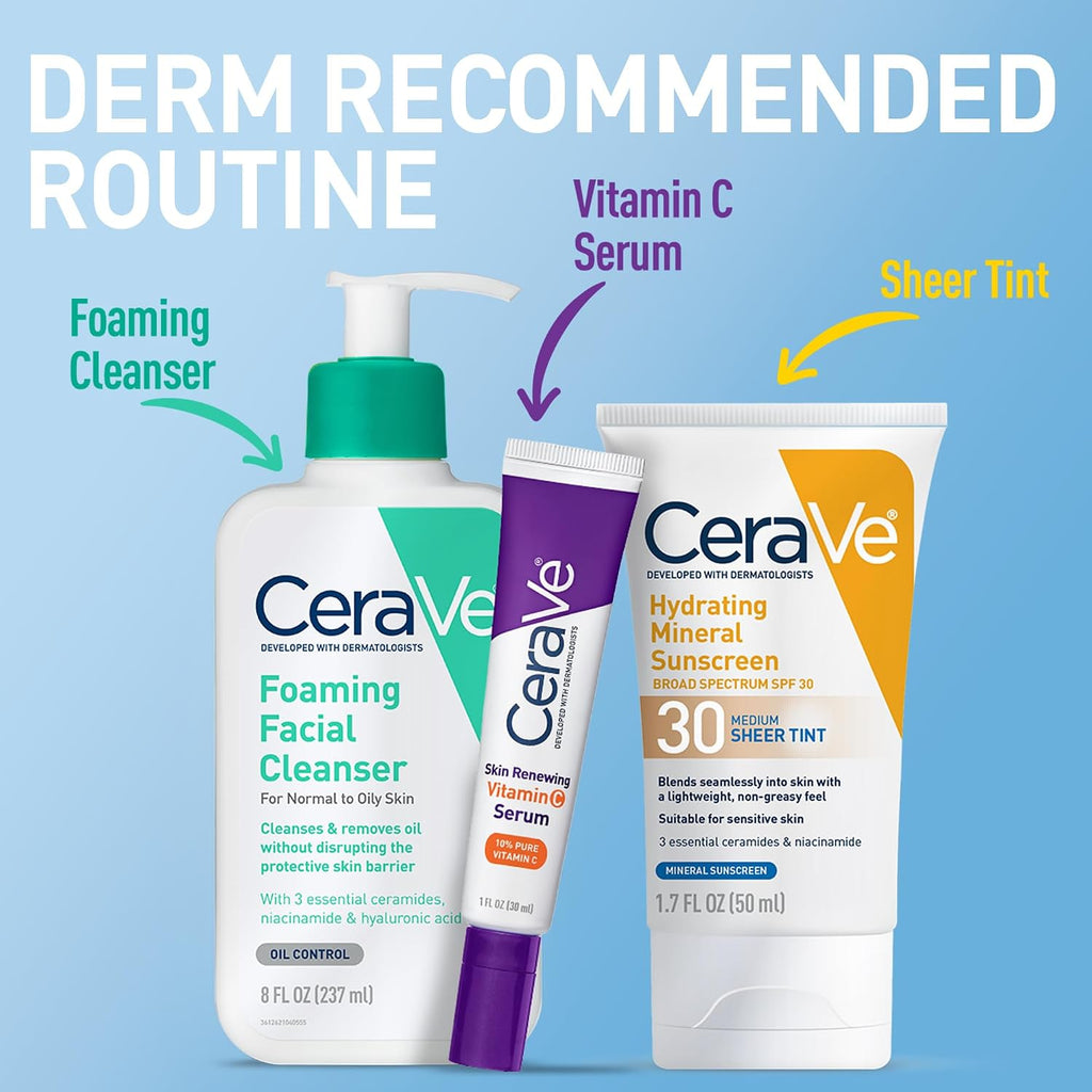 CeraVe Hydrating Mineral Sunscreen SPF 30 with Sheer Tint.Tinted Mineral Sunscreen with Zinc Oxide & Titanium Dioxide.Blends Seamlessly For Healthy Glow.Deep.1.7 Oz.(Pack of 2)