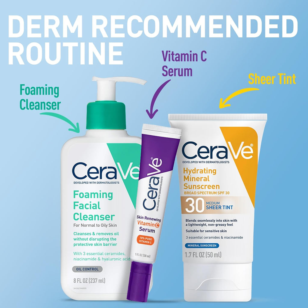 CeraVe Tinted Sunscreen for Face. Mineral SPF 30 Moisturizer. Deep. 1.7oz | Skin Care. Face Sunscreen. Hyaluronic Acid. Zinc Oxide. Titanium Dioxide. Sheer Tint. Healthy Glow. Blends Seamlessly