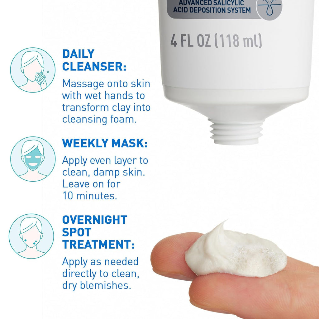 CeraVe Clay to Foam Acne Face Wash. Salicylic Acid Spot Treatment. 4 Oz | 3-In-1 Kaolin Clay Mask and Foaming Facial Cleanser with Glycerin and Ceramides Acts As a Blackhead Remover To Clear Acne