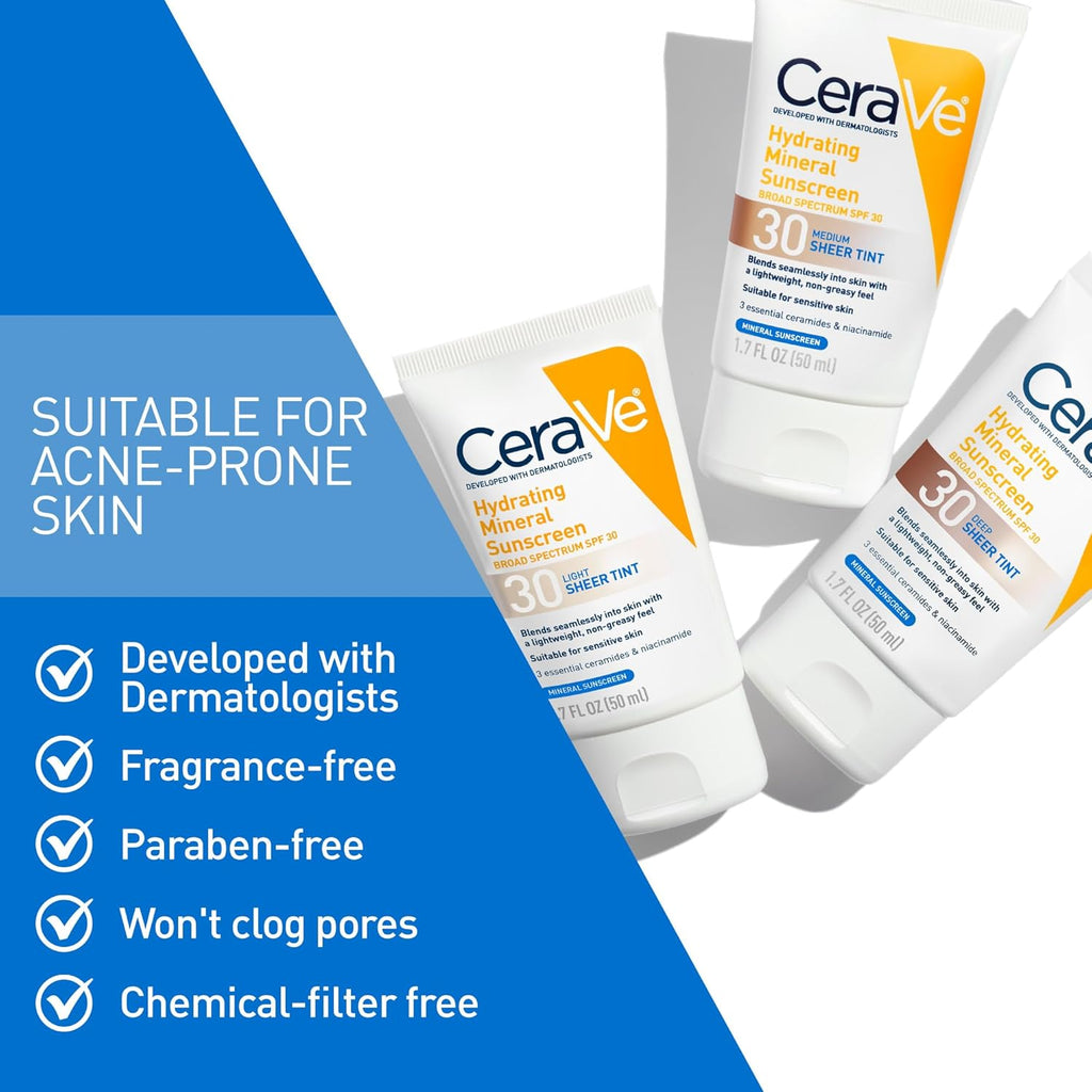 CeraVe Tinted Sunscreen for Face. Mineral SPF 30 Moisturizer. Medium. 1.7oz | Skin Care. Face Sunscreen. Hyaluronic Acid. Zinc Oxide. Titanium Dioxide. Sheer Tint. Healthy Glow. Blends Seamlessly