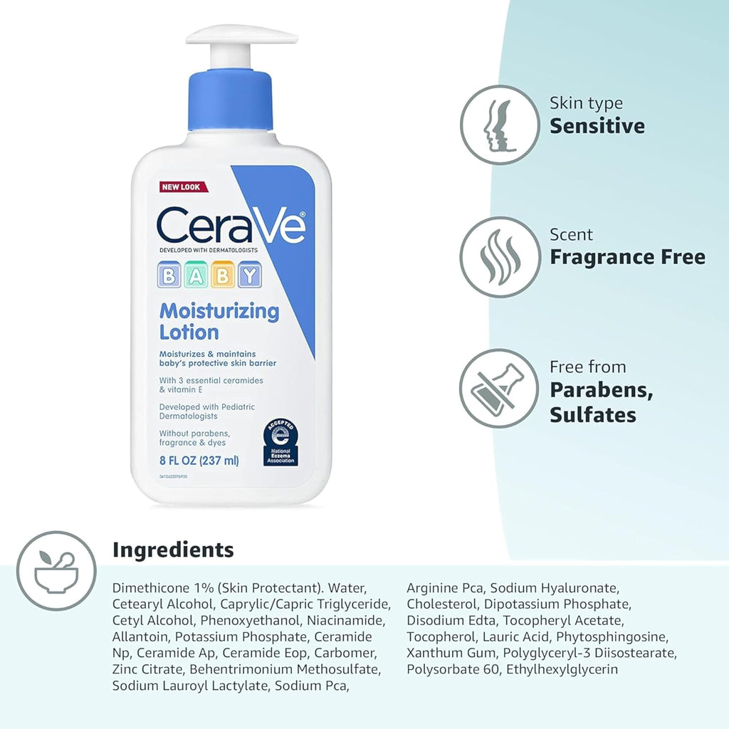 CeraVe Baby Lotion. Baby Skin Moisturizer with Vitamin E & Niacinamide. 8oz | Gently Hydrates Delicate Skin with A Non-Greasy Feel. Free Of Fragrance. Dyes. Paraben & Phthalates