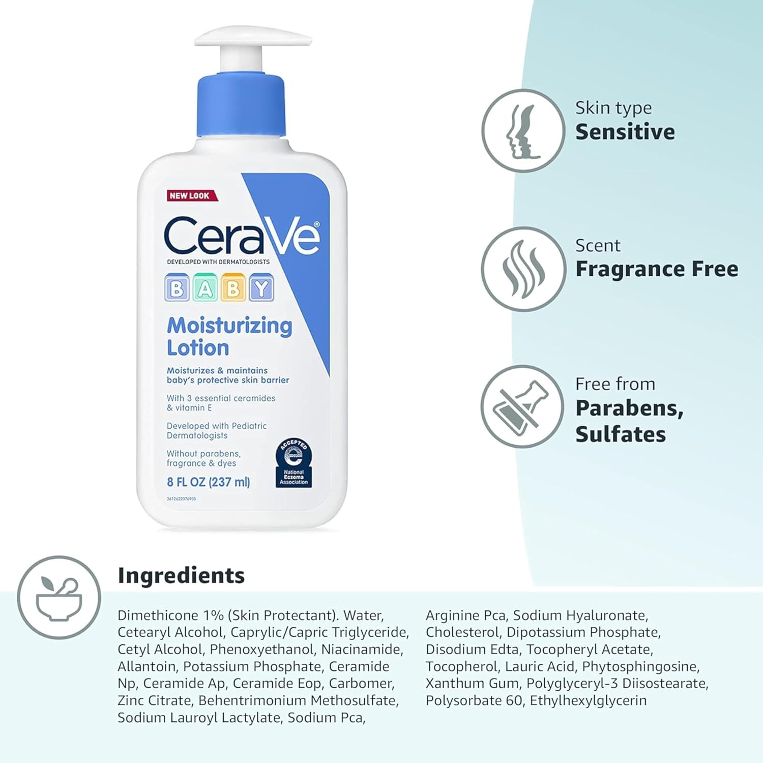 CeraVe Baby Lotion. Baby Skin Moisturizer with Vitamin E & Niacinamide. 8oz | Gently Hydrates Delicate Skin with A Non-Greasy Feel. Free Of Fragrance. Dyes. Paraben & Phthalates