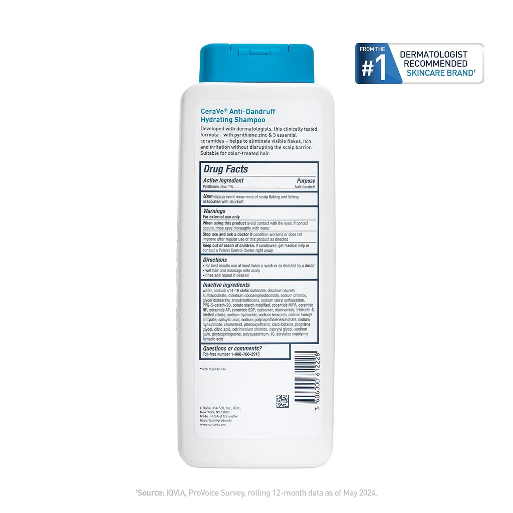 CeraVe Hydrating Anti Dandruff Shampoo. Itchy Scalp Treatment. 12oz | Helps Eliminate Flakes with 1% Pyrithione Zinc. Hyaluronic Acid. Niacinamide and Ceramides In A Sulfate Free Formula