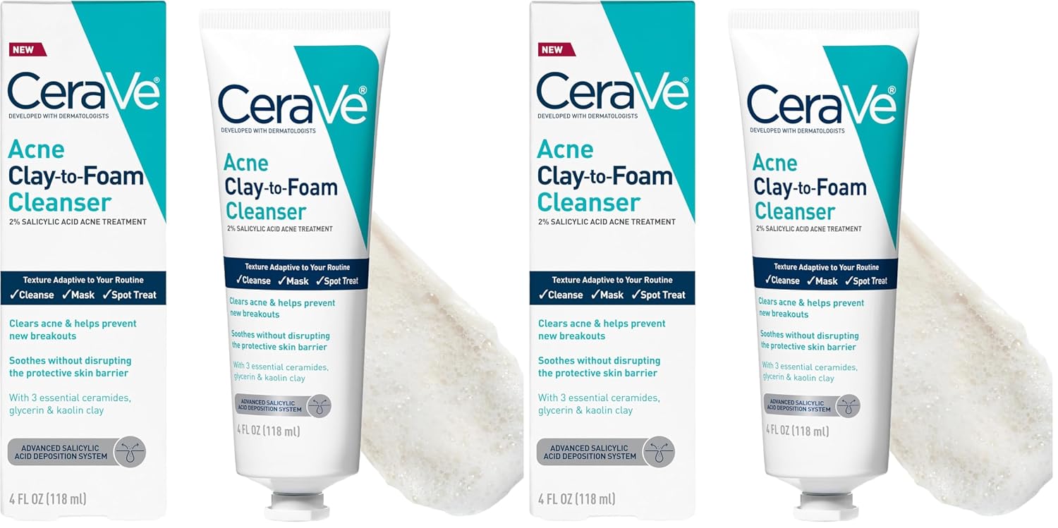 CeraVe Clay To Foam Acne Face Wash.Salicylic Acid & Kaolin Clay Acne Spot Treatment Clears Pimples & Blackheads. Prevents Breakouts. Hydrates & Soothes. Fragrance-Free. Non-Comedogenic.4oz.(Pack of 2)