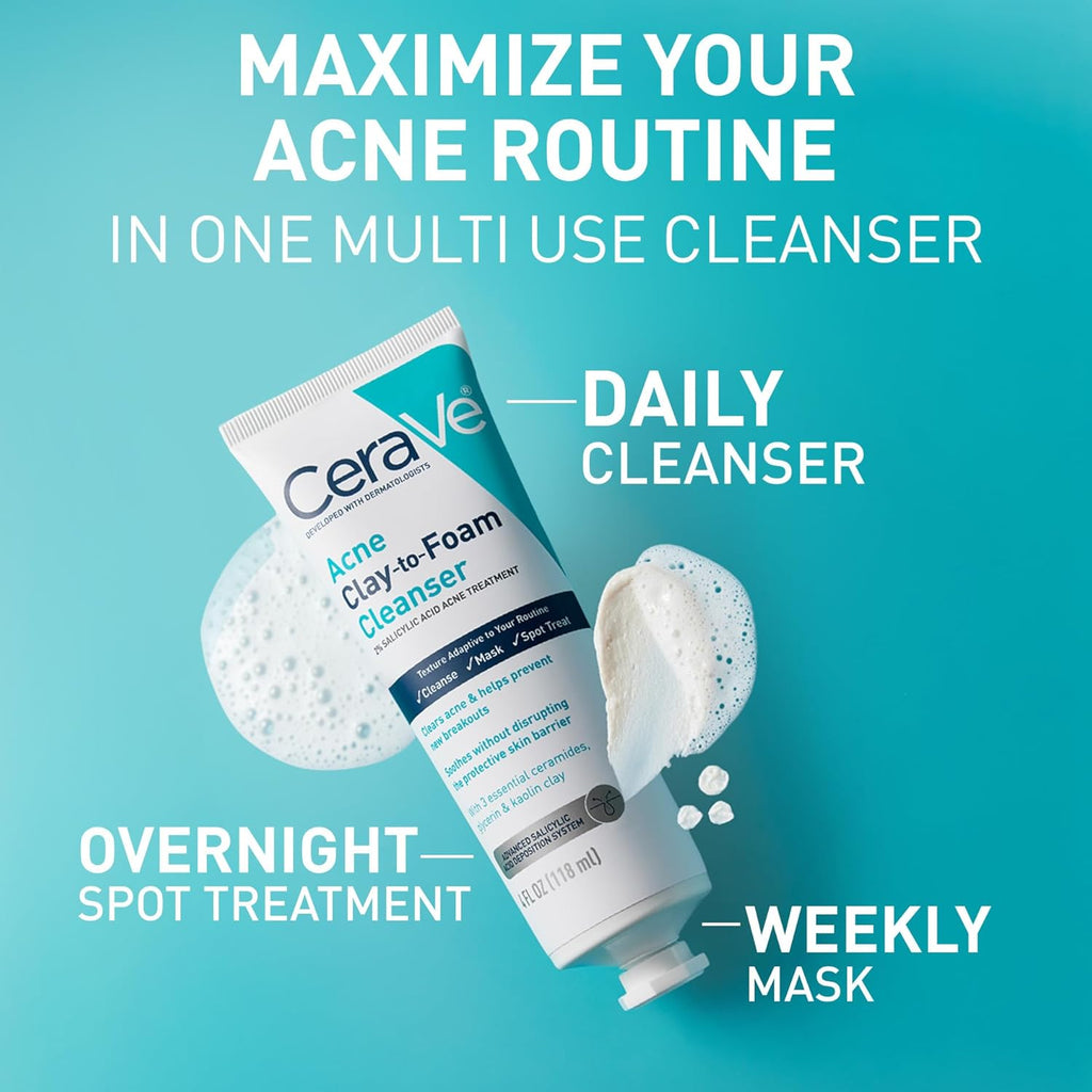 CeraVe Clay to Foam Acne Face Wash. Salicylic Acid Spot Treatment. 4 Oz | 3-In-1 Kaolin Clay Mask and Foaming Facial Cleanser with Glycerin and Ceramides Acts As a Blackhead Remover To Clear Acne