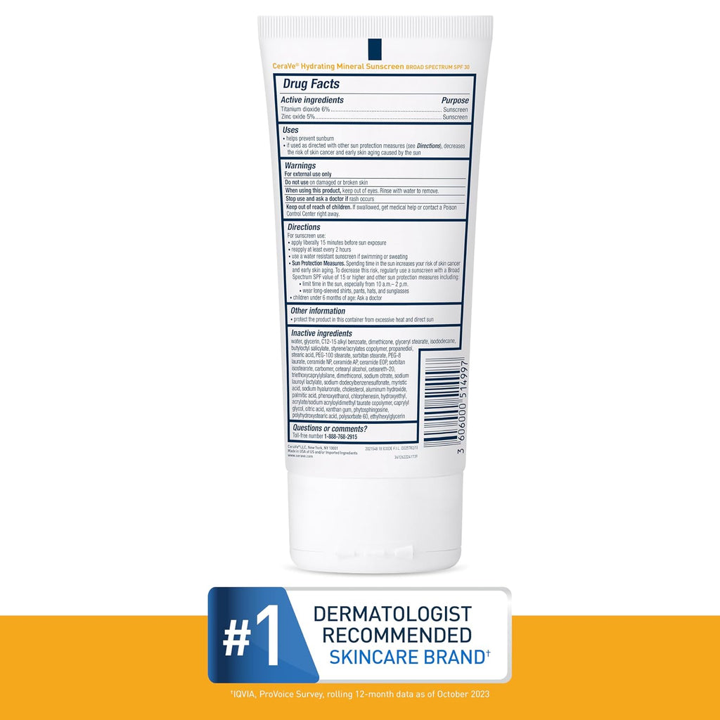 CeraVe 100% Mineral Sunscreen SPF 30 with Zinc Oxide & Titanium Dioxide.Hyaluronic Acid & Ceramides.Oil Free.Non-Greasy.Hydrating Mineral Sunscreen For Body.5 oz.(Pack of 2)