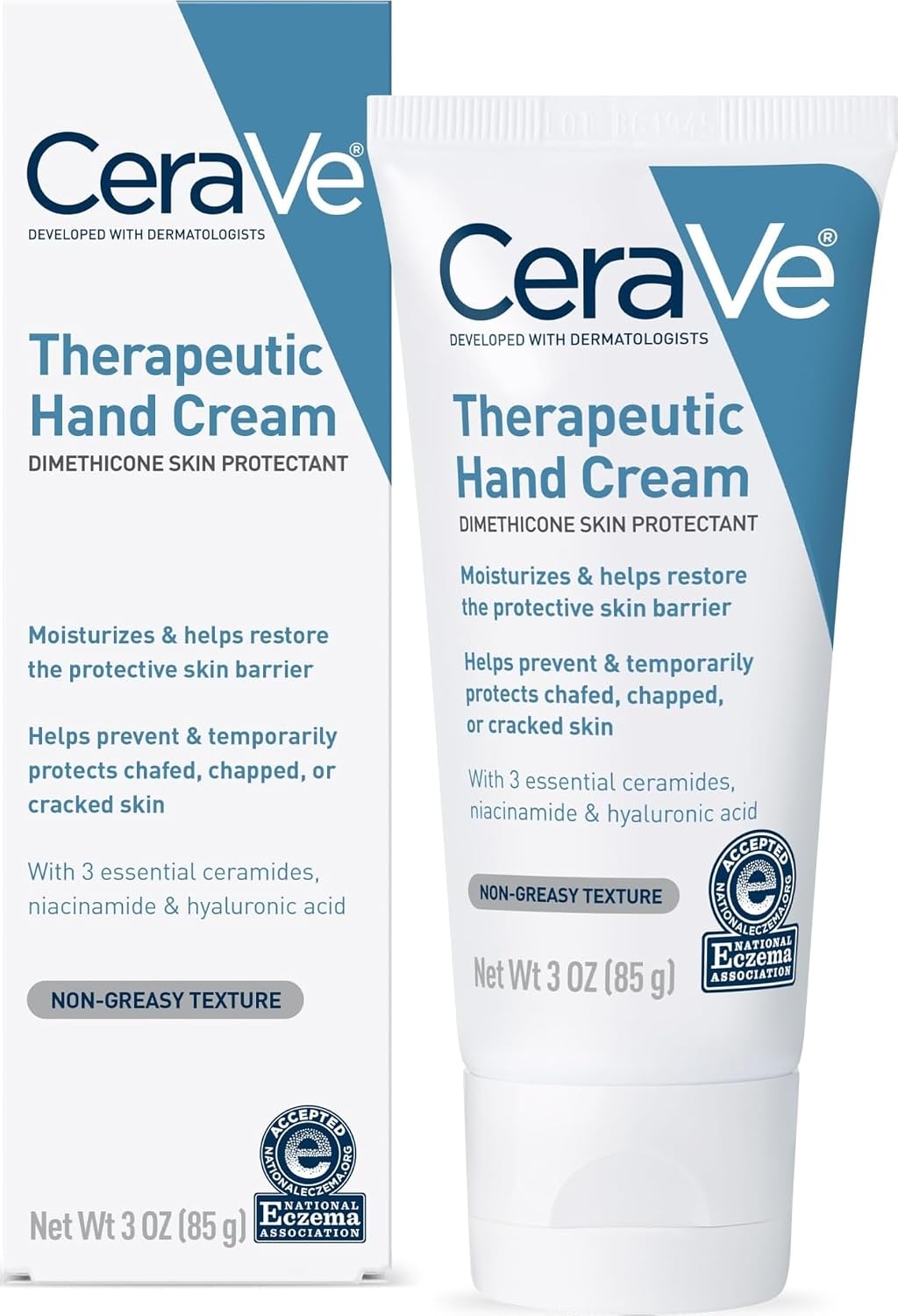 CeraVe Therapeutic Hand Cream for Dry Cracked Hands With Hyaluronic Acid and Niacinamide.Fragrance Free 3 Ounce.(Pack of 2)