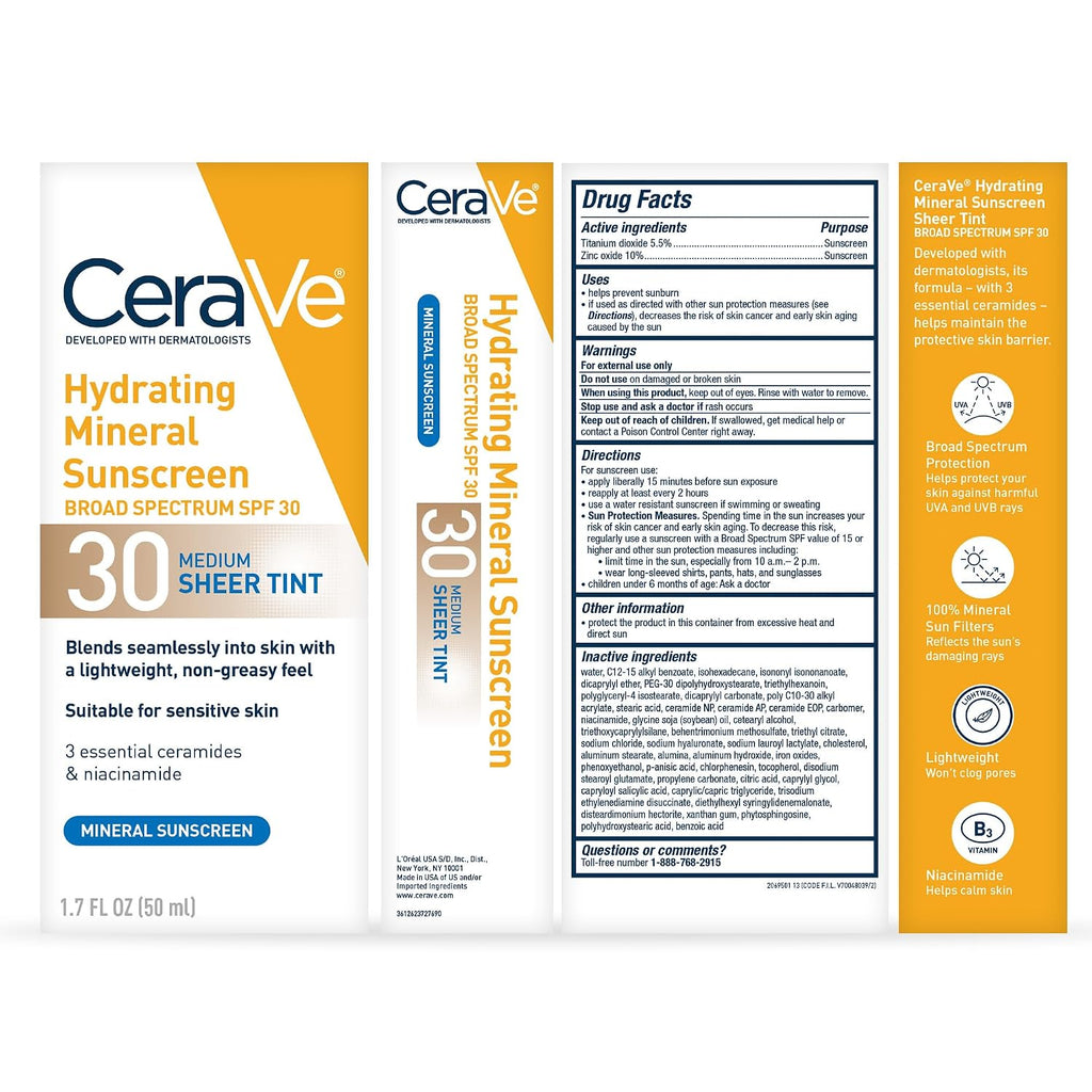 CeraVe Tinted Sunscreen for Face. Mineral SPF 30 Moisturizer. Medium. 1.7oz | Skin Care. Face Sunscreen. Hyaluronic Acid. Zinc Oxide. Titanium Dioxide. Sheer Tint. Healthy Glow. Blends Seamlessly