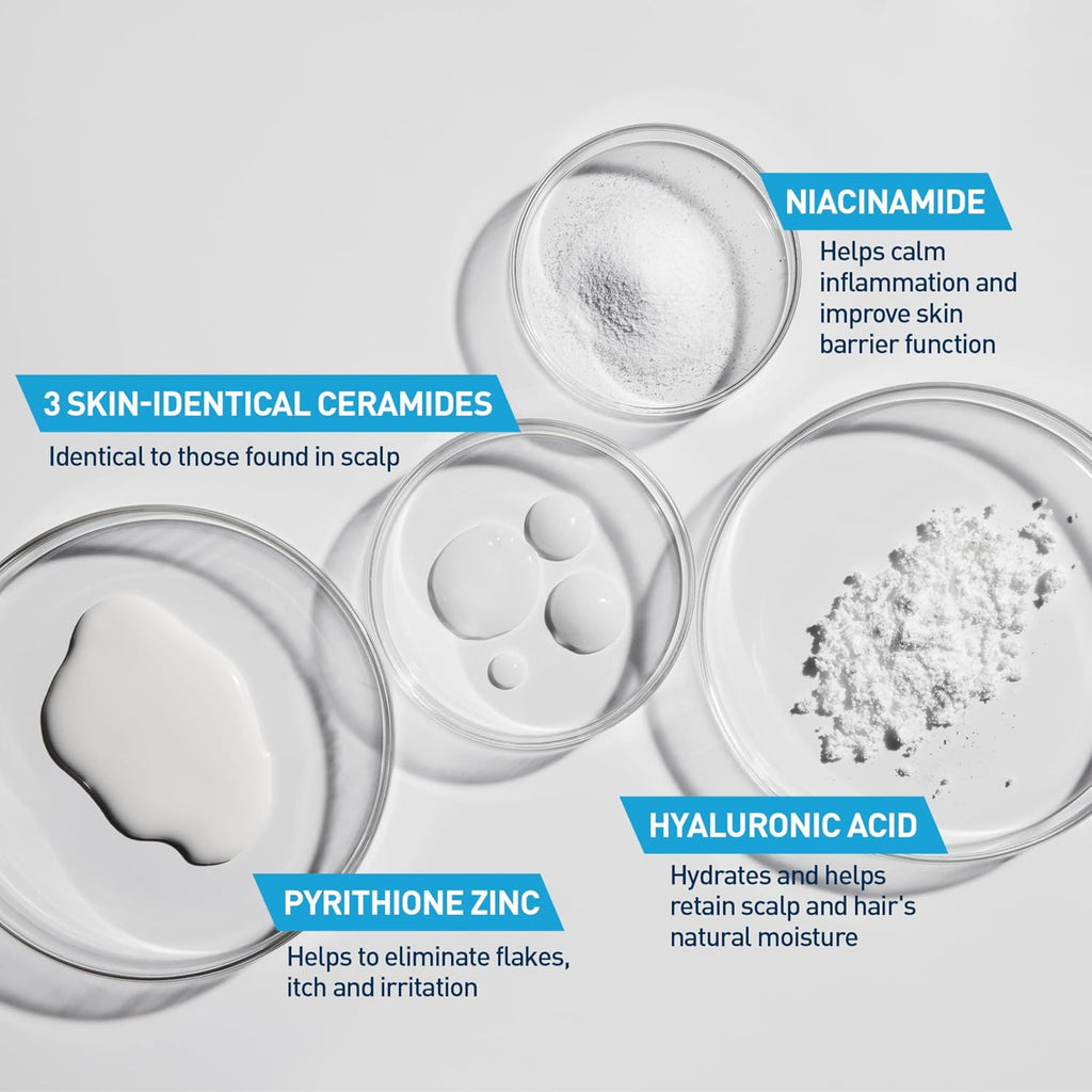 CeraVe Hydrating Anti Dandruff Shampoo. Itchy Scalp Treatment. 12oz | Helps Eliminate Flakes with 1% Pyrithione Zinc. Hyaluronic Acid. Niacinamide and Ceramides In A Sulfate Free Formula