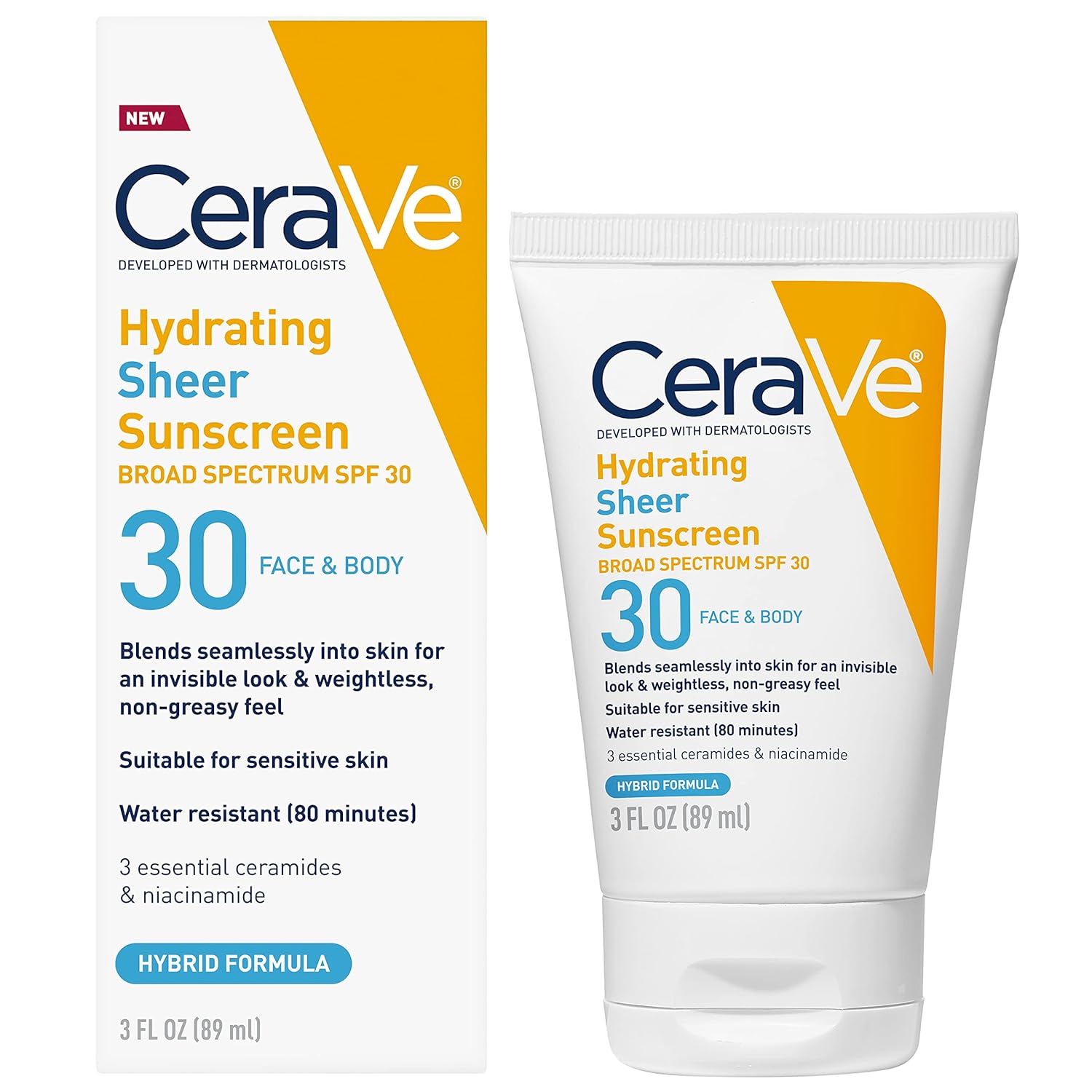 CeraVe Hydrating Sheer Sunscreen SPF 30 with Hyaluronic Acid. 3oz | Mineral and Chemical Sunscreen For Face and Body with Zinc Oxide & Ceramides. Fragrance-Free & Paraben-Free