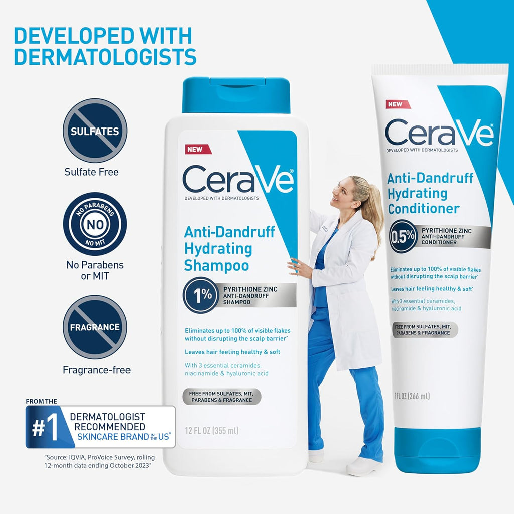 CeraVe Hydrating Anti Dandruff Shampoo. Itchy Scalp Treatment. 12oz | Helps Eliminate Flakes with 1% Pyrithione Zinc. Hyaluronic Acid. Niacinamide and Ceramides In Sulfate Free Formula