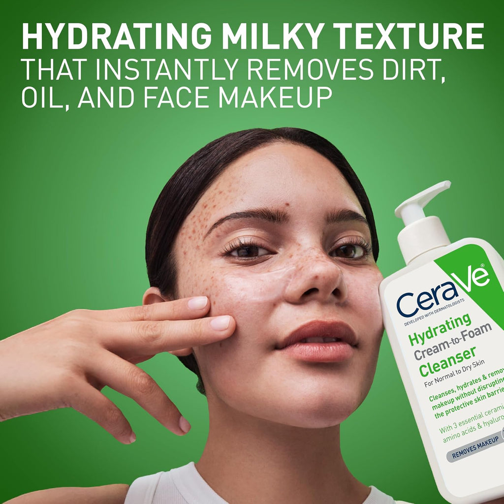 CeraVe Hydrating Cream To Foam Cleanser. Face Wash for Dry Skin. 8oz | Skin Care with Hyaluronic Acid. Makeup Remover. Facial Cleanser. Fragrance-Free. Non-Comedogenic. For Normal To Dry Skin