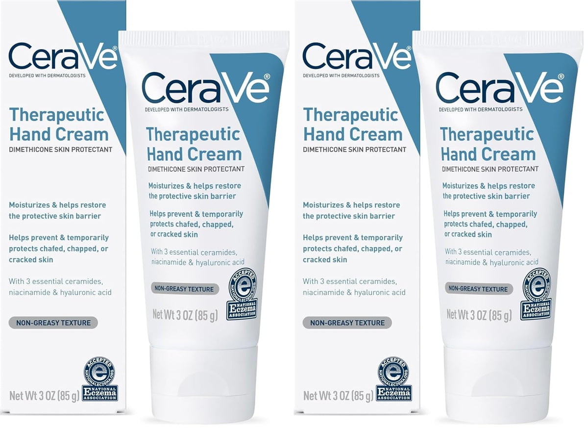 CeraVe Therapeutic Hand Cream for Dry Cracked Hands With Hyaluronic Acid and Niacinamide.Fragrance Free 3 Ounce.(Pack of 2)