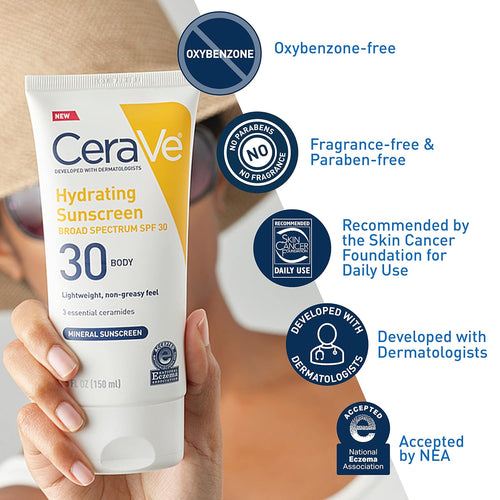 CeraVe 100% Mineral Sunscreen SPF 30 with Zinc Oxide & Titanium Dioxide.Hyaluronic Acid & Ceramides.Oil Free.Non-Greasy.Hydrating Mineral Sunscreen For Body.5 oz.(Pack of 2)